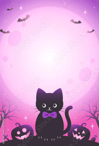 cute halloween vector background with a black cat, pumpkins and moon