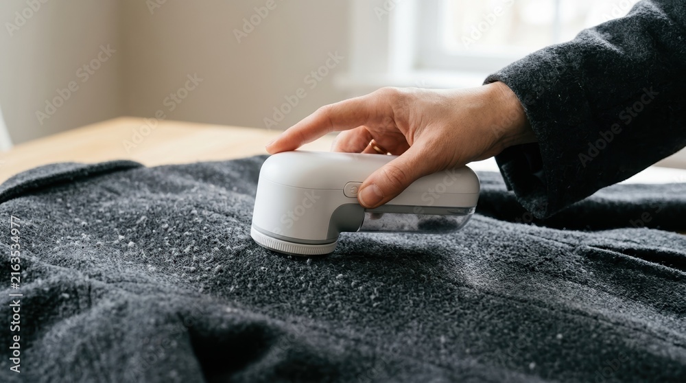 Fototapeta premium Person using an electric lint shaver to remove fuzz and pilling from a dark wool coat on a table
