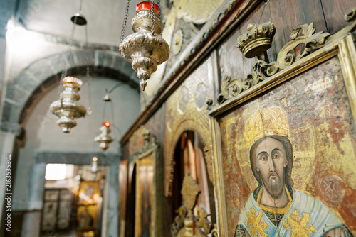 Quadro su tela Interior of Saint Nicholas Church Kotor Montenegro with Orthodox Icons and Hangi