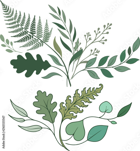 Green leaves and ferns in soft, elegant strokes. Natural, hand-drawn style evokes calm and freshness. Perfect for botanical themes or nature-inspired designs