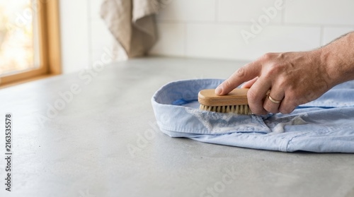 Man scrubbing stain on light blue shirt collar with wooden brush during laundry care at home
