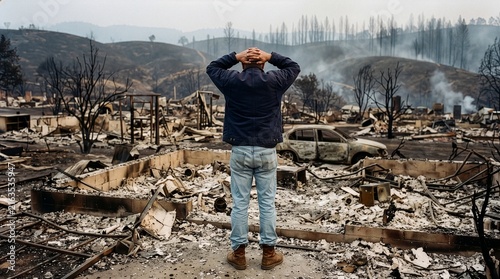 A man stands amidst the devastating aftermath of a wildfire, surveying the ruins of homes and burnt-out vehicles. His hands are clasped behind his head, a poignant depiction of loss and despair.