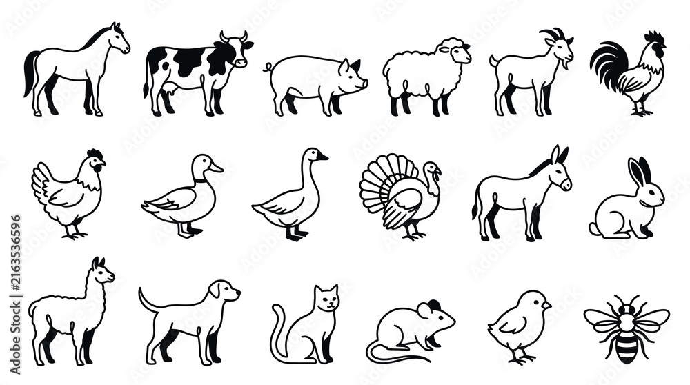 Naklejka premium Farm and Domestic Animals Black Line Art Icons Set - Agriculture and Pets Vector Collection