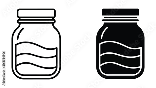 Glass mason jar with liquid inside outline and solid black silhouette vector set isolated on white background