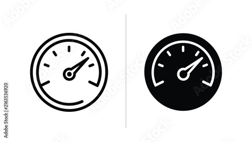Speedometer gauge icon set with outline and solid black fill style for dashboard performance monitoring