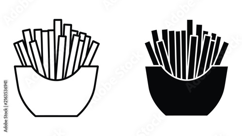 French fries container icon set with outline and solid black silhouette for fast food menu design