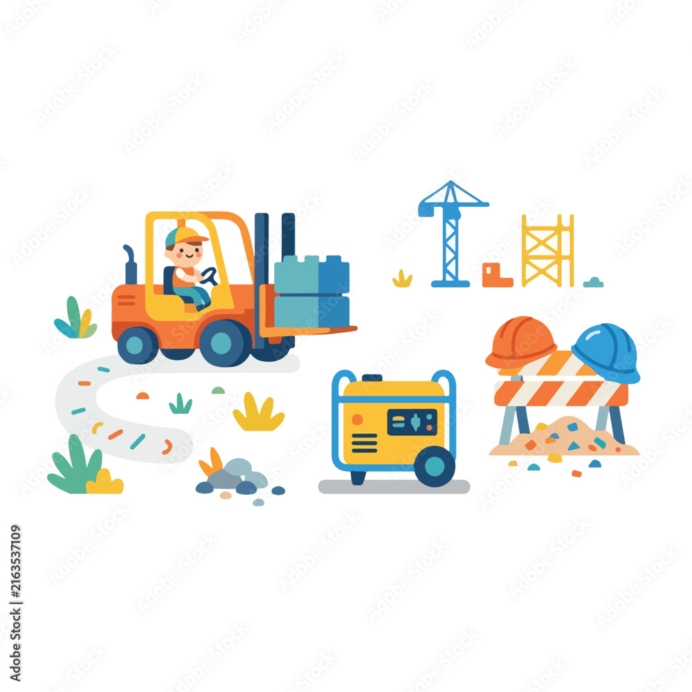 Naklejka premium Whimsical vector illustration of a young boy operating a forklift at a construction site with a crane, generator, and safety equipment included.