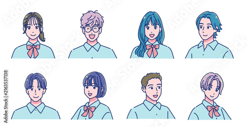 笑顔のアニメ調の男女生徒のセット