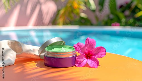 Cosmetics jar near a bright pink flower and a towel on a table, with a blue swimming pool in the background