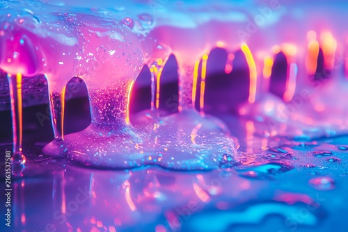 Close-Up of Colorful Gel Dripping on a Surface with Reflections and Bubble Details