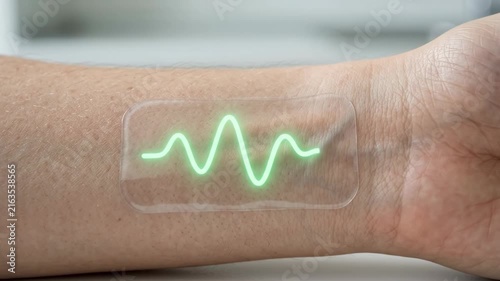 Personalized medicine ai wearable patch wrist glowing health monitor for calm biometric tracking and digital patient care concept