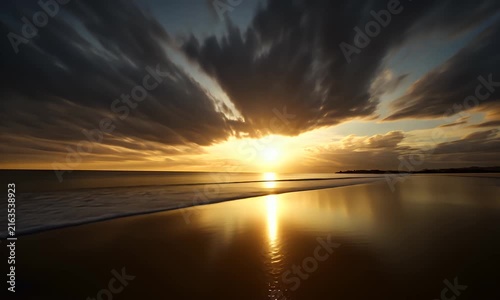 Sunset Reflections Over Calm Ocean Water with Dramatic Cloud Patterns
