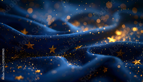 Deep blue fabric, draped and sparkling, adorned with golden stars and glittering particles. Bokeh effect creates a magical ambiance