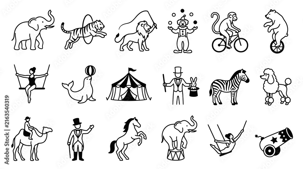 Naklejka premium Circus Icons Set: Black and White Line Art Vector Graphics
