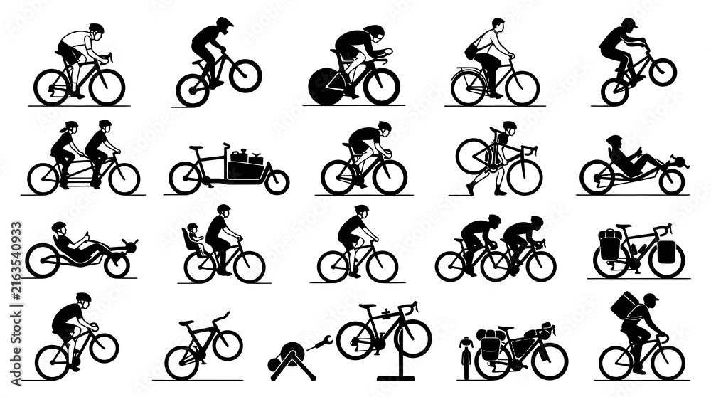 Fototapeta premium Bicycle and Cyclist Silhouette Icons Set - Various Bike Types, Riders Activities in Black White Glyphs