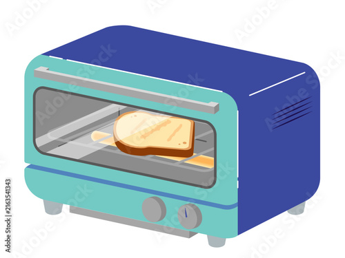 青いオーブントースターで食パンを焼くイラスト