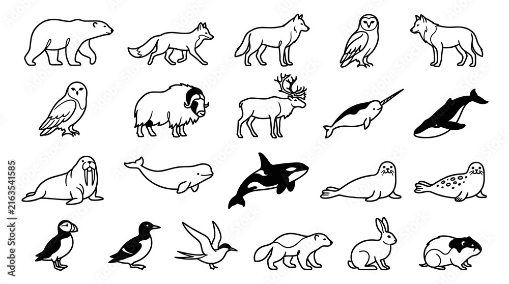 Naklejka premium Arctic and Polar Animals Line Art Icon Set. Black and White Wildlife Outline Vector Illustrations Collection.