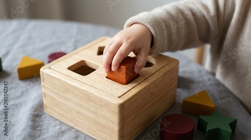 Toddler playing with wooden shape sorter toy on table focusing on early childhood education