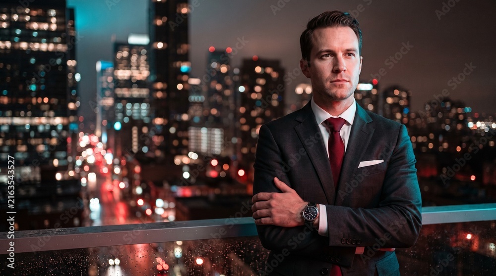 Fototapeta premium Confident Businessman Standing On City Balcony At Night