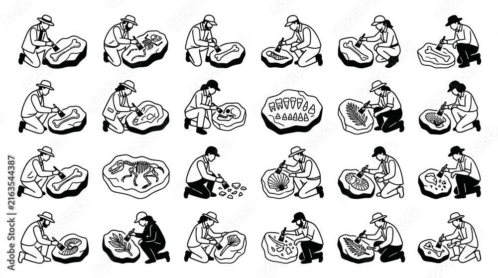 Fototapeta premium Black White Line Art Icons: Paleontology Archaeology Scientists Excavating Fossils Set