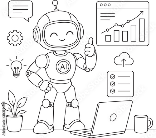 Cute cartoon robot showing thumbs up with business icons