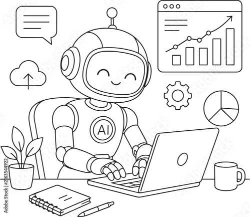 Cute robot working on laptop with business charts and graphs