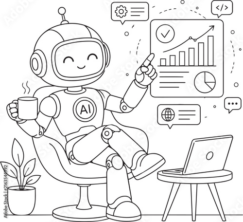 Cute robot sitting and analyzing business data on a screen