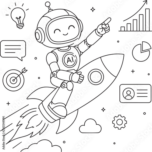 Cute robot flying on a rocket with business icons