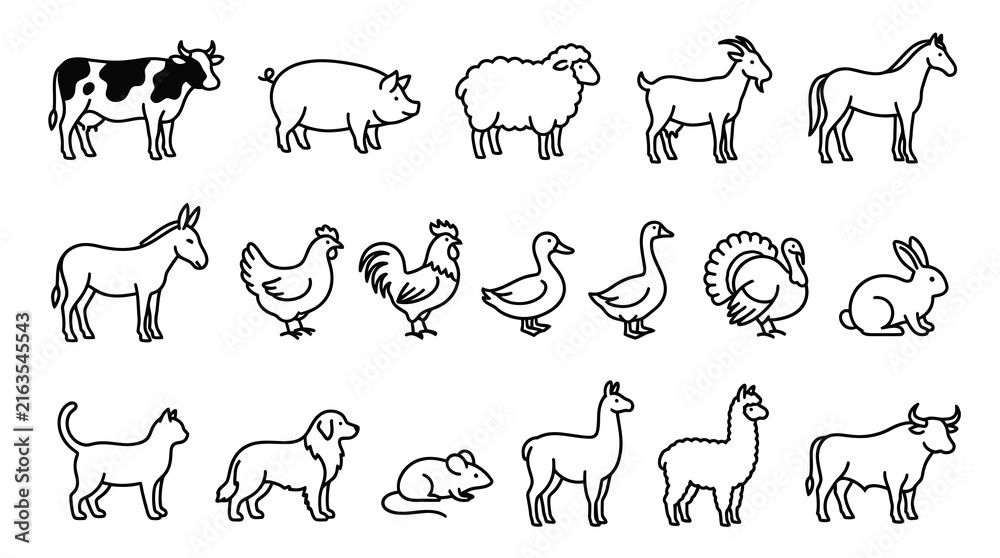 Naklejka premium Farm Animals Line Art Icons - Livestock and Pets Vector Collection