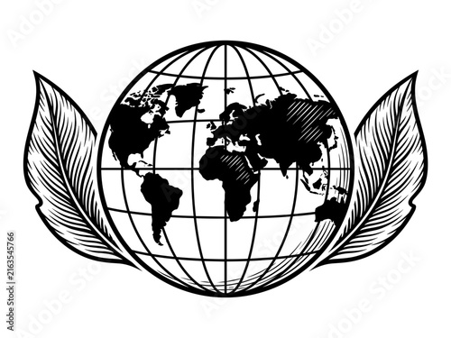 Hand-drawn vector illustration of planet earth globe with leaves representing environmental conservation and global ecology
