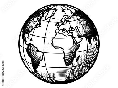 Vintage illustration of planet Earth rendered in a classic crosshatch style, depicting continents and oceans with a sense of retro cartography and exploration