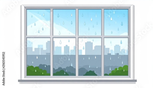 Rainy city view from window pane.