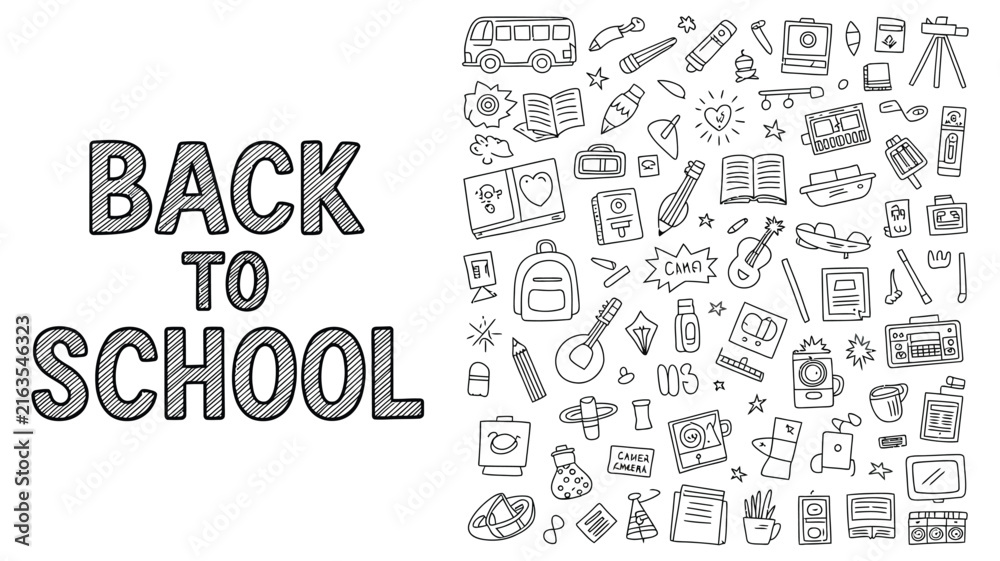 Obraz premium Back to School Typography with Doodle Icons, School Supplies and Education Symbols