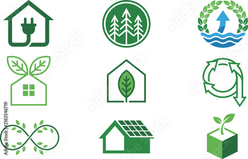 Eco Friendly Green Smart House Icon Set with Electric Plug Forest Water Solar Panel and Recycle Symbols for Sustainable Renewable Energy Graphic Designs