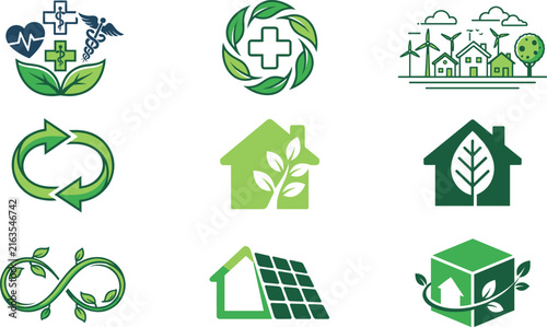 Green Medical and Eco Friendly Icon Set with Healthcare Cross Solar Panel House Windmill and Sustainable Nature Symbols for Medical Website Graphics