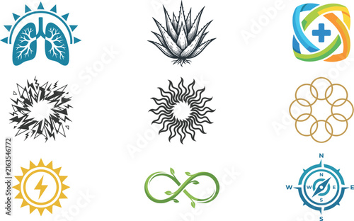 Medical Healthcare and Wellness Icon Set with Human Lungs Medical Cross Aloe Vera Plant Solar Power Infinity and Compass Navigation Symbols for Graphic Designs