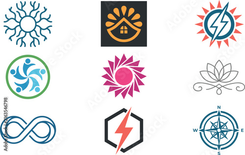 Renewable Energy and Community Icon Set with Lightning Bolt Solar Power House Diversity People Infinity Loop and Compass Symbols for Brand Logo Designs