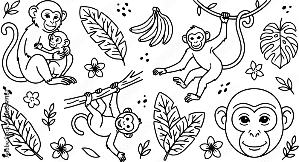 Obraz premium Cute tropical jungle monkey vector icon set with mother and baby chimp banana bunch vine leaves plumeria flowers