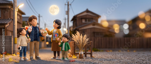Plakat お祭り帰りの夜道で大きな満月を見上げながら三色団子を食べる家族の3Dイラスト 