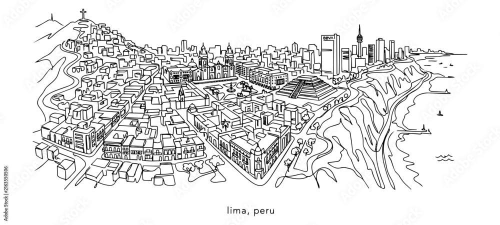 Obraz premium Lima Peru City Skyline Continuous Single Line Art Vector Illustration