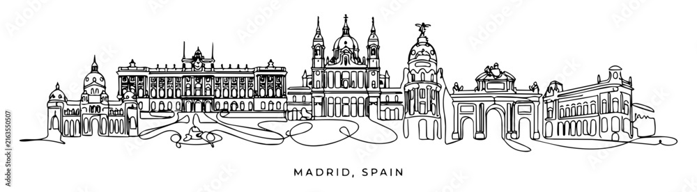 Naklejka premium Madrid Spain City Skyline Continuous Single Line Art Vector Illustration