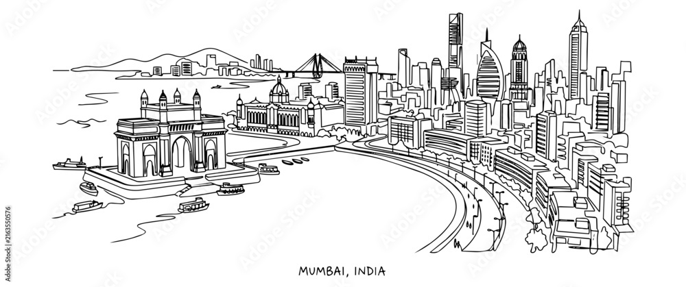 Obraz premium Mumbai India Skyline Landmark Continuous One Line Art Vector Illustration