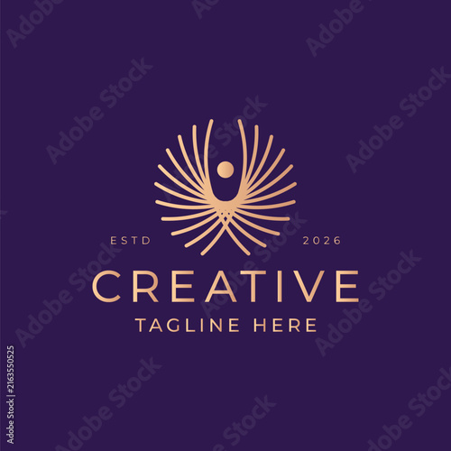 Elegant minimalist logo featuring a stylized human figure with radiant wings in gold on a deep purple background