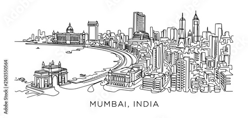 Mumbai India City Skyline Continuous Single Line Art Vector Illustration