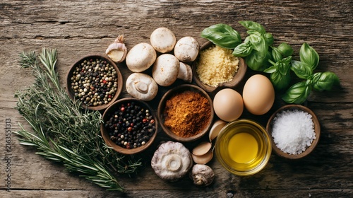 vegan cooking ingredients on wooden table, rustic kitchen aesthetic, editorial food photography