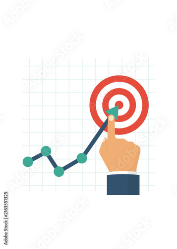 Hand guiding a growth arrow chart directly to the center of a target board on a grid background.