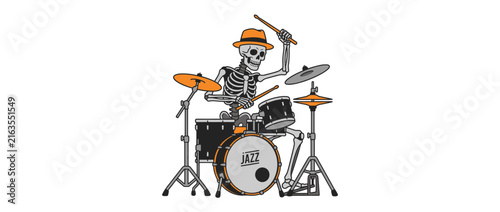 Photography Skeleton drummer playing jazz music on drum kit