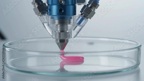 Personalized Medicine AI Bioprinter Nozzle Petri Dish Deposits Pink Gel for Laboratory Research Cell Culture Precision Therapy