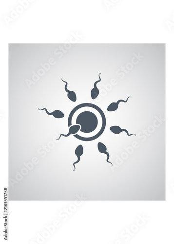 Minimalist graphic showing multiple spermatozoa swimming toward an egg cell for fertilization, isolated on a clean gray background.