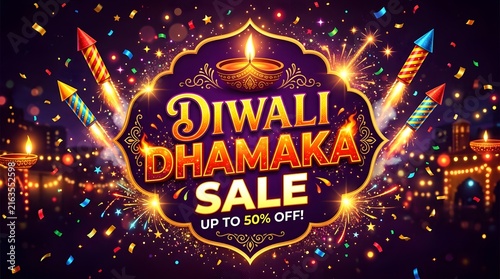Diwali dhamaka sale banner with fireworks and diya
